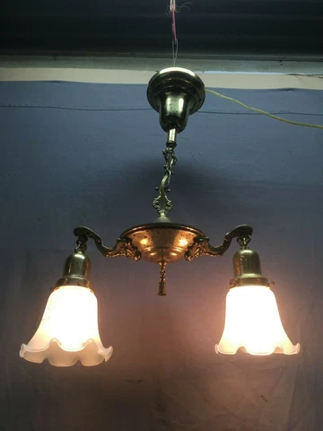 Vtg Retro Brass Pan Chandalier Light Fixture Frosted Glass Shades Old  25-20E Cover