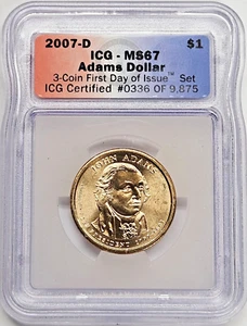 2007-D John Adams Presidential Dollar ICG MS-67 First Day of Issue #0336 - Picture 1 of 2
