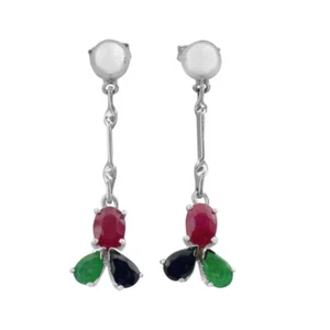 925 Sterling Silver Natural 4x3mm Pear Multi Gemstone Drop Dangle Earrings - Picture 1 of 16
