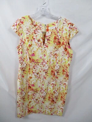 Calvin Klein Womens Dress 16 Orange Floral Short Cap Sleeve V Neck Linen Blend - Image 1 of 4