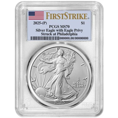 Серебряный американский орел 2025 (P) $1 First Eagle Privy PCGS MS70 FS этикетка с флагом - Изображение 1 из 3