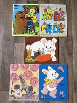 Lot Of 5 Vntg Playskool Wooden Puzzles Mattel Sesame Street Muppets Blues Clues - Image 1 of 4