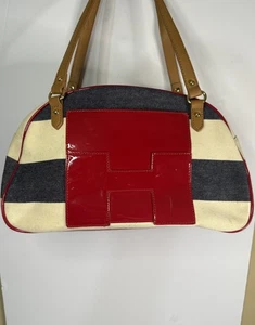 TOMMY HILFIGER Red Logo Canvas Navy/Red/ White Striped Satchel - Picture 1 of 14