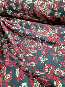 RED GOLD Roses Brocade Black Background Jacquard FabricSold By The Yard For Dres - Picture 1 of 14