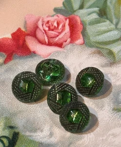Antique/Vintage Czech Glass Buttons Emerald Green Round 8mm Set of 5 - Picture 1 of 6