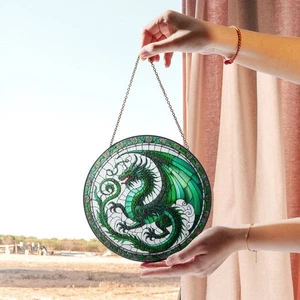 Dragon Stained Glass Suncatcher, Bold Green Dragon Art, Fantasy Window Decor - Picture 1 of 6