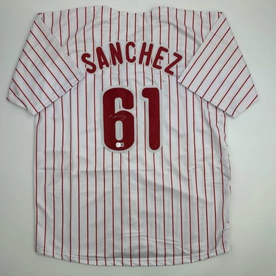 Autographed/Signed Cristopher Sanchez Philadelphia Pinstripe Jersey Beckett COA - Image 1 of 4