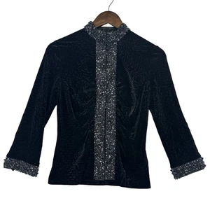 JS Collections Black Velvet Beaded Mock Neck Long Sleeve Top Size 6 - Picture 1 of 13