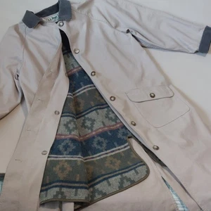 Vtg LL Bean Chore Duster Coat Womens LP Tan Canvas Barn Jacket Aztec Wool Lined - Picture 1 of 15