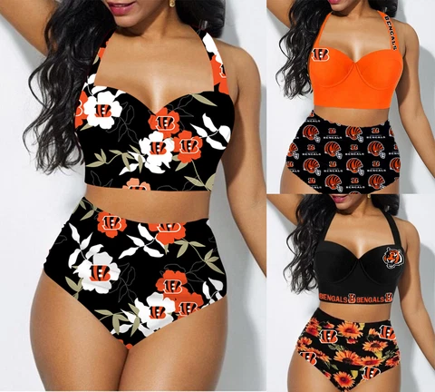 Cincinnati Bengals 2Pcs Halter Swimsuit Womens Low Cut Bikini Set Bathing Wear Cover