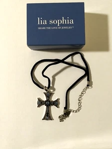 LIA SOPHIA Ornate Cross Pendant Necklace Silver Metal Blue Acrylic Stones - Picture 1 of 8