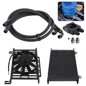 Universal 28 Row AN10 Thermostatic 73 Degree Oil Cooler Kit+7'' Fan w/Bracket - Picture 1 of 9