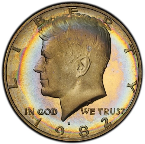 PR68CAM 1982-S 50C Kennedy Half Dollar Proof, PCGS Secure- Rainbow Target Toned Cover