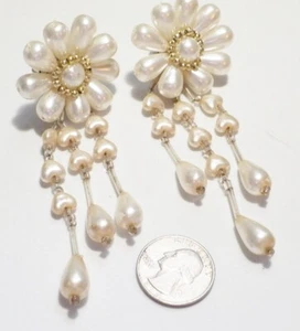 Large Vintage White Sim Pearl Flower Earrings w/Long Dangles 4.5" FREE SHIP - Picture 1 of 2