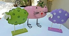 Shabby Chic Set 3 soprammobili legno/lamiera: 2 pecorelle + 1 gatto