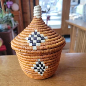 Orange beige black Hand Woven Grass Basket w/ Lid Senegal 6"hx5wx4"round rare - Picture 1 of 6