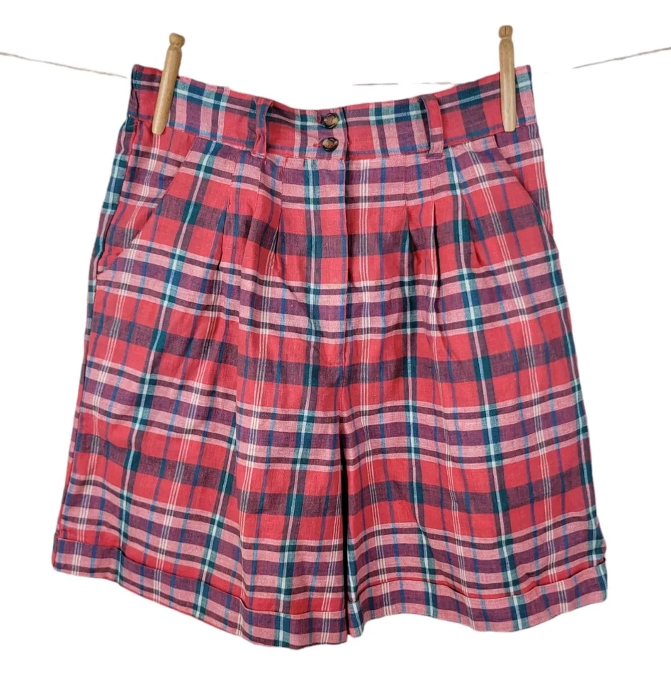 复古妈妈短裤 10/12 码休闲格子女式高腰格子红色弹力  — 第 1/4 张图片