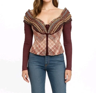 Blusa Byron Lars Roja a Cuadros Floral Malla Mangas Largas Botón Frontal Y2K Talla 6 Foto 1 de 4