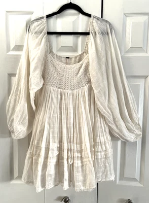 Free People Ari Boho Mini Peasant Dress Crochet Smocked Romance Babydoll Flowy - Image 1 of 4
