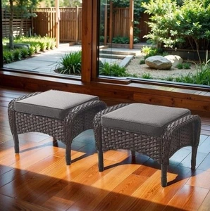 Opohoro Key West Metal and Brown Wicker Outdoor Ottoman with Olefin Gray Family - Picture 1 of 6