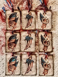 Patriotic Americana 9 Gift Hang Tags Prim Vintage Old Flag~Ornament~Journal~614R - Picture 1 of 1