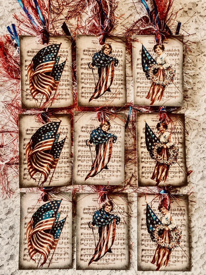 Patriotic Americana 9 Gift Hang Tags Prim Vintage Old Flag~Ornament~Journal~614R - Image 1 of 1