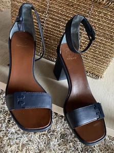 TORY BURCH GABRIELLE LEATHER BLOCK HEEL STRAPPY SLINGBACK SANDALS NAVY BROWN 6.5 - Picture 1 of 9