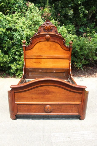 Fancy Walnut Victorian Carved Rococo High Back Bed with Large Shell Carved Crown Cover