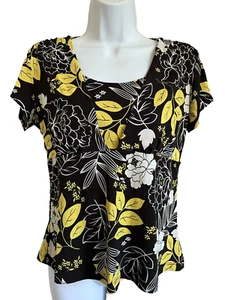 Briggs New York Size S Black Yellow Floral Short Sleeve Blouse - Picture 1 of 7