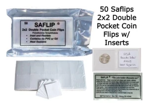 2x2 Saflips Münze Kunststoff Halter Hüllen 50 Flips Saflip Mylar + EINSÄTZE + KOSTENLOS - Bild 1 von 6