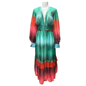 L'Atiste Tie Dye Maxi Dress Long Sleeve V Neck Ruffle Hem Flowy Green Orange 3X - Picture 1 of 5