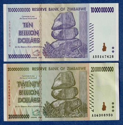ZIMBABWE BILLION SET- 10 & 20 BILLION DOLLARS, 2008,   VF-EF BANK NOTES - Image 1 of 2