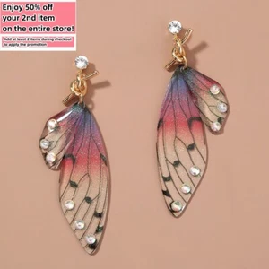 Bohemian Dangle Crystal Earrings Butterfly Wings Tassel Handmade Boho Style - Picture 1 of 11