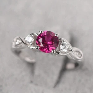 Solitaire Pink Ruby Women Ring Lab Created Gemstone 925 Sterling Silver Ring - Picture 1 of 6