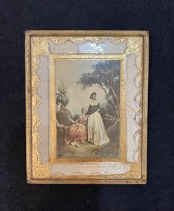 Italia Arte Antiguo Litografía Tema Medieval Damas en Jardín Hoja de Oro Borde De Colección - Imagen 1 de 9
