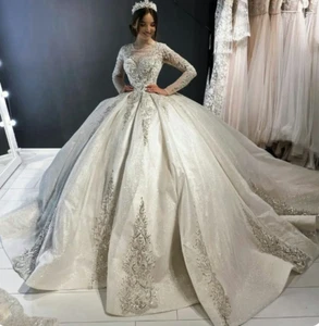 Luxurious Long Sleeves Ball Gown Wedding Dresses Princess Lace Appliques O-Neck - Picture 1 of 10