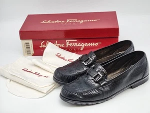 SALVATORE FERRAGAMO Italy Black Croc Leather Black Buckle Loafer Shoes 8C - Picture 1 of 17
