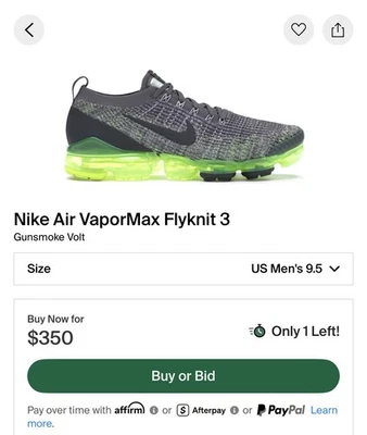 Nike Air VaporMax Flyknit 3 Size 9.5 Mens Volt Neon/ VNDS / Replacement box - Image 1 of 4