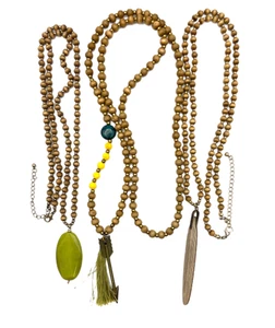 Green Serpentine-Brown Wood Beaded Arrow Tassel Pendant Necklace Lot of 3 Boho - Picture 1 of 24