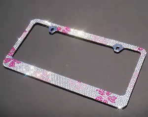 Bling Bling Pink Flower Crystal METAL License Plate Frame+CAP+SCREW - Picture 1 of 3