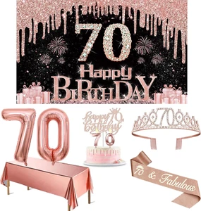 70Th Birthday Decorations for Women with Banner, Rose Gold Tablecloth, Number Ba - Picture 1 of 12