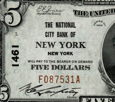 1929 $5 THE NATIONAL CITY BANK OF NEW YORK, NEW YORK PCGS 64 PPQ TYPE 1 (BBE) - Image 1 of 4