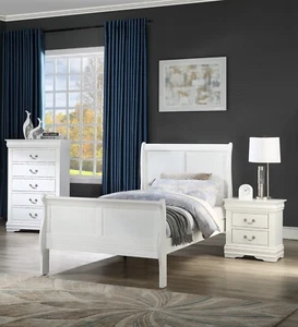 White Louis Philipe Twin Size 3Pc Bed Nightstand Chest Set Youth Bedroom Set - Picture 1 of 7