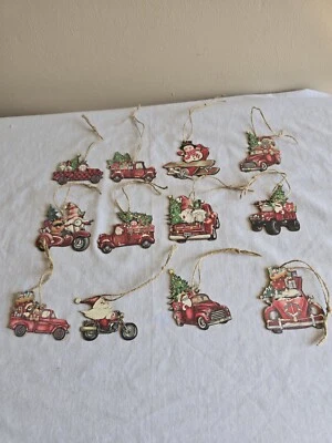 Conjunto de 12 peças de enfeites de árvore de Natal de madeira vermelha para caminhão pendurado decorações de férias - Imagem 1 de 4