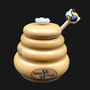 Mini olla de miel jarra de cerámica para colmena cucharón de madera Joie MSC con pequeño miel de abeja amarillo - Imagen 1 de 19