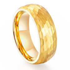 Men or Woman Yellow Gold Tungsten Carbide Hammered Brush Dome Wedding Band Ring