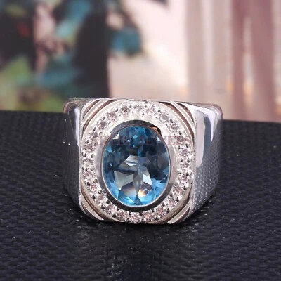 Anello In Argento Sterling 925 Con Gemma Di Topazio Blu Naturale Per Uomo #3031 - Immagine 1 di 3