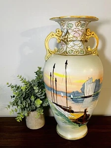 Jarrón vintage de 16” grande nipón pintado a mano veleros barcos puerto marino puesta de sol - Imagen 1 de 7