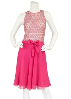 1960-е винтажное французское серебряное ламе и ярко-розовое шелковое шифоновое коктейльное платье размер XS - Изображение 1 из 4