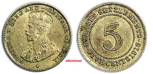 Straits Settlements George V Silver 1918  5 Cents Toning KM# 31 (4114) - Picture 1 of 3